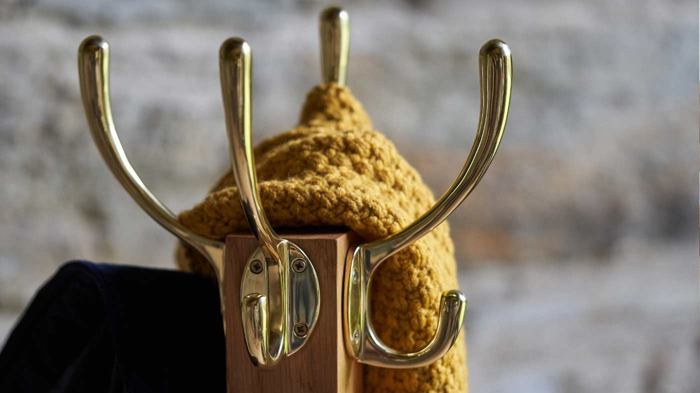 Oak Coat Stand with brass hooks and yellow scarf