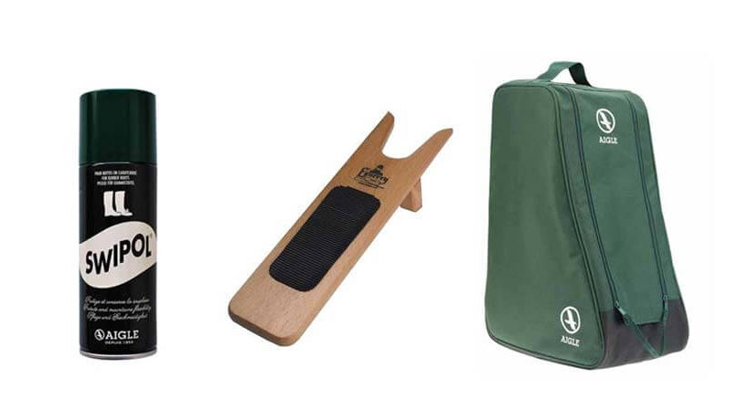 Footwear essentials from Boot and Saw including Aigle Wellington Boot bags, Aigle Swipol protector Spray and Wooden Boot Jacks