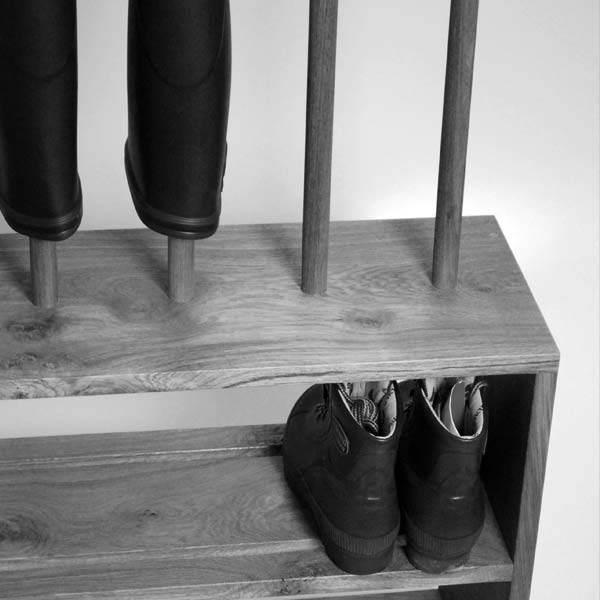 Close up of Wellington and Shoe Rack in Oak, part of our niche product range of footwear storage
