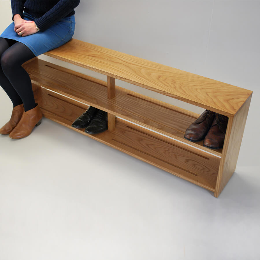 Oak Shoe bench with double shoe shelf shown in detail