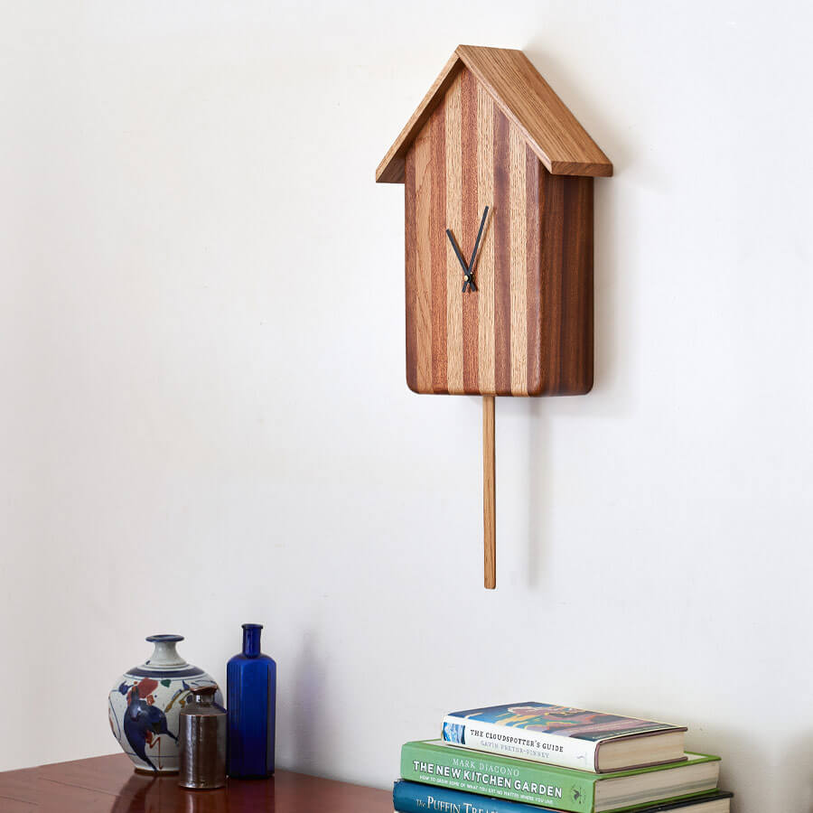 Cuckoo-less clock in use, handmade clock in Oak and Utile