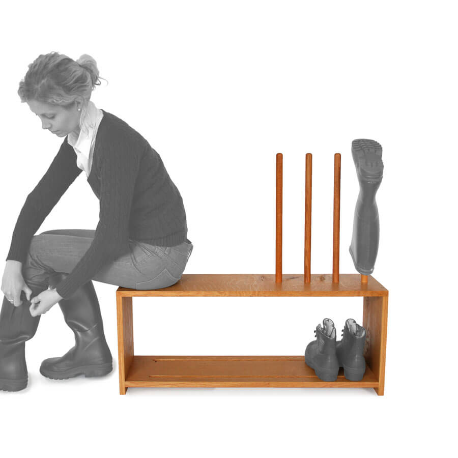 Oak boot and shoe rack with seat for 2 pairs of wellingtons and shoes