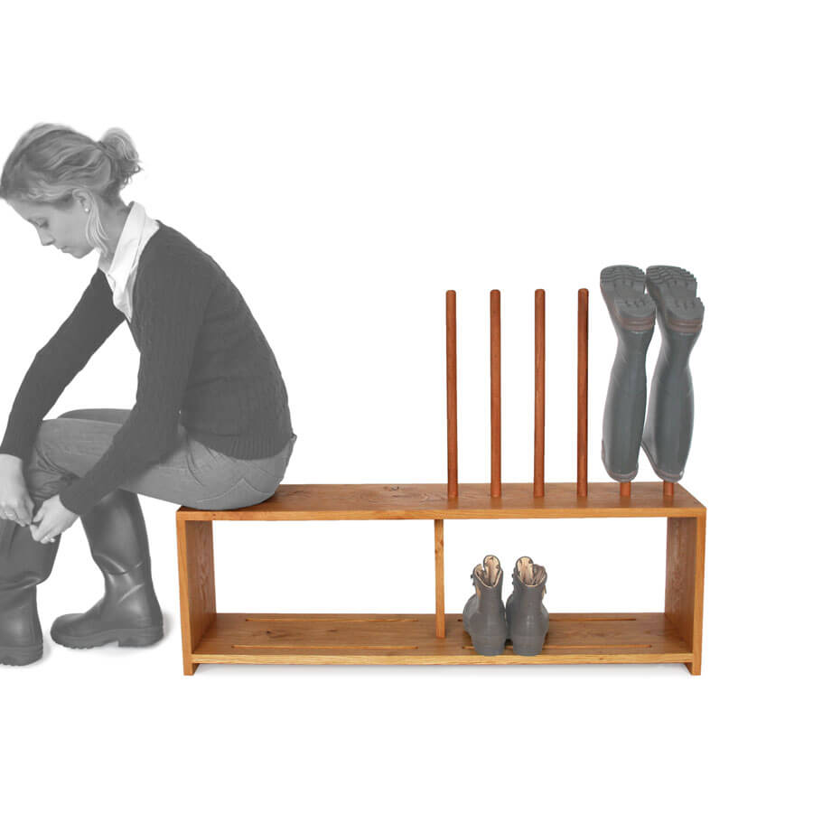 Oak boot and shoe rack with seat for 3 pairs of wellingtons and shoes