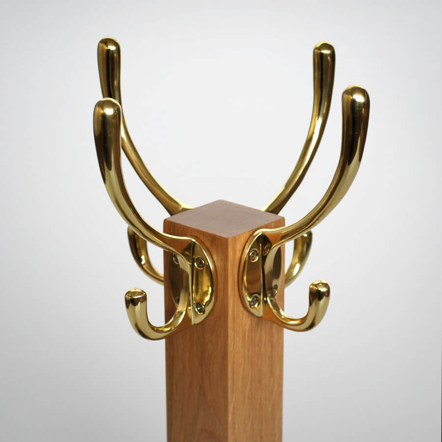Oak Coat Stand with polished brass coat hooks