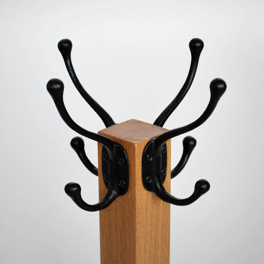 Oak Coat Stand with black wrought iron hooks
