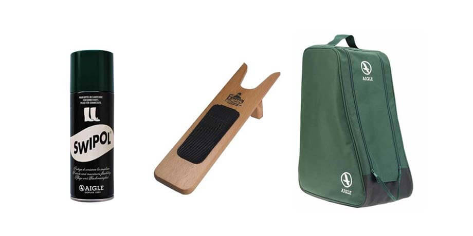 Footwear essentials from Boot and Saw including Aigle Wellington Boot bags, Aigle Swipol protector Spray and Wooden Boot Jacks
