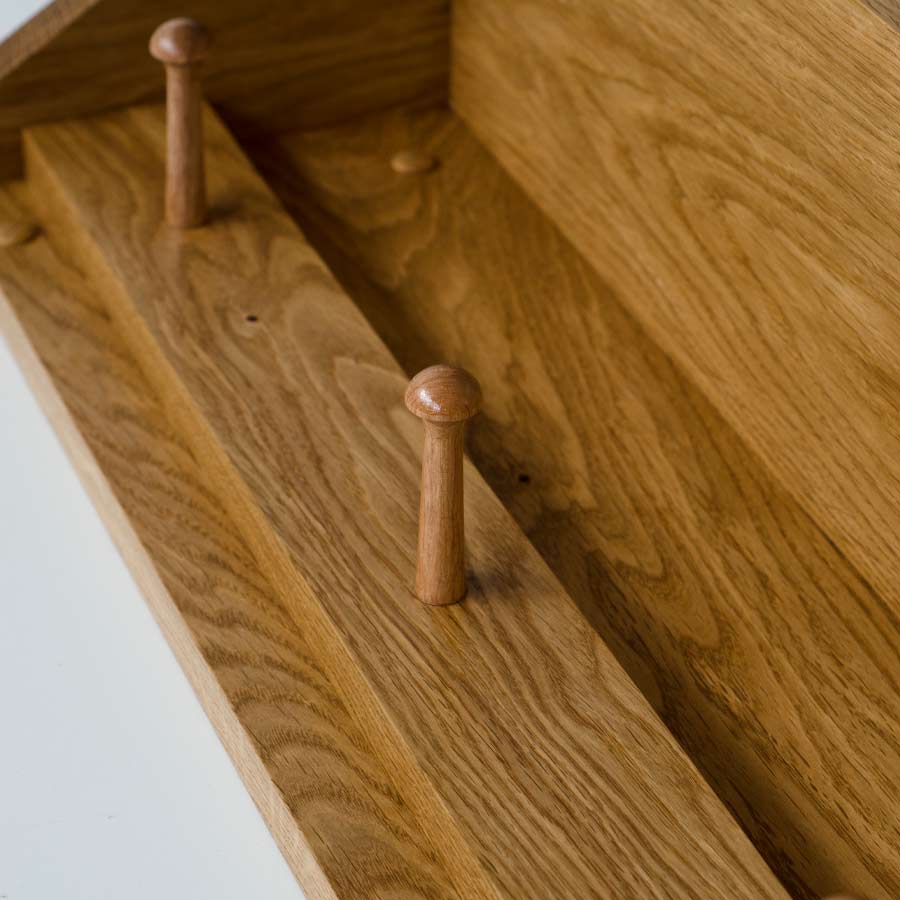 Close up of our Oak Coat Rack with Shaker Pegs, part of our Premium Range of Oak products.