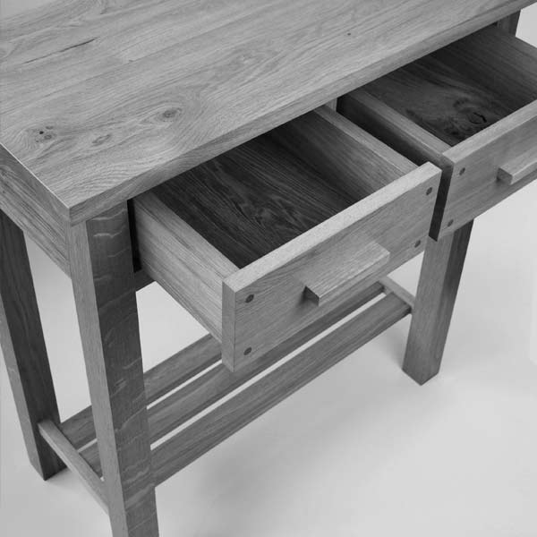 An Oak Console Table with two open drawers,  a commissioned piece for Boot & Saw customer