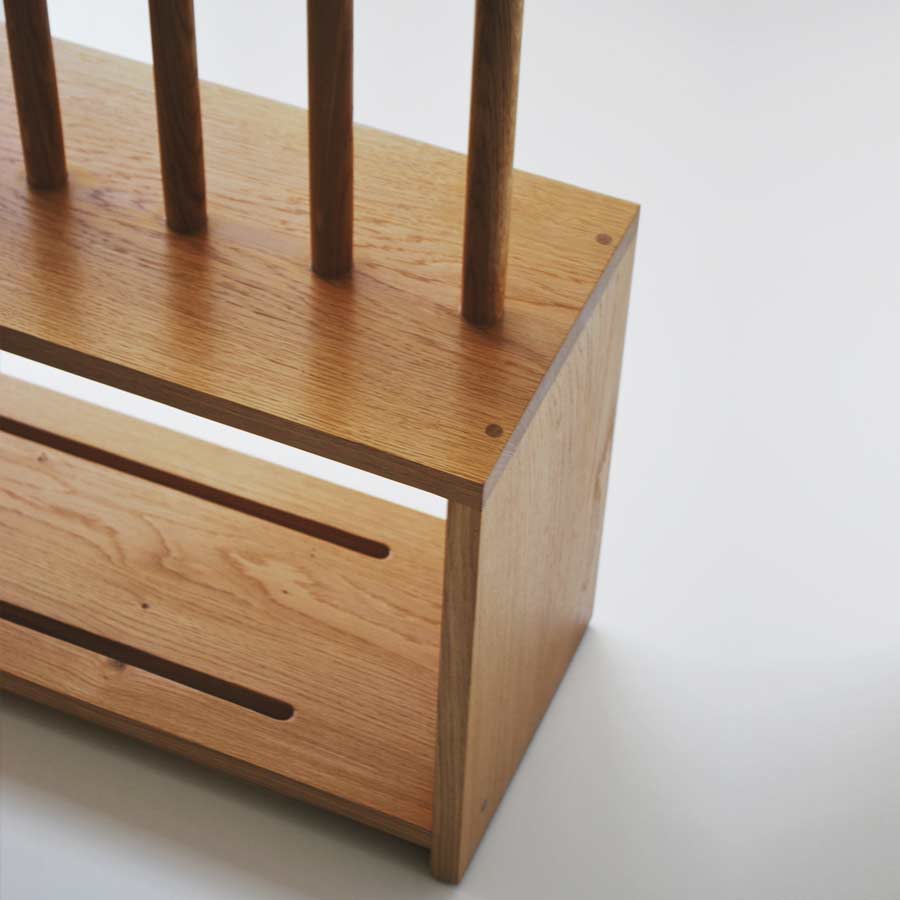 Oak Welly and Shoe Rack with seat in detail