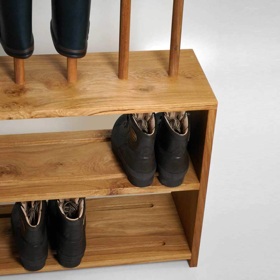 Oak welly and shoe rack with double shelf