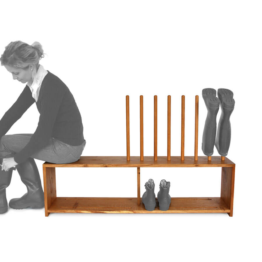 Oak boot and shoe rack with seat for 4 pairs of wellingtons and shoes