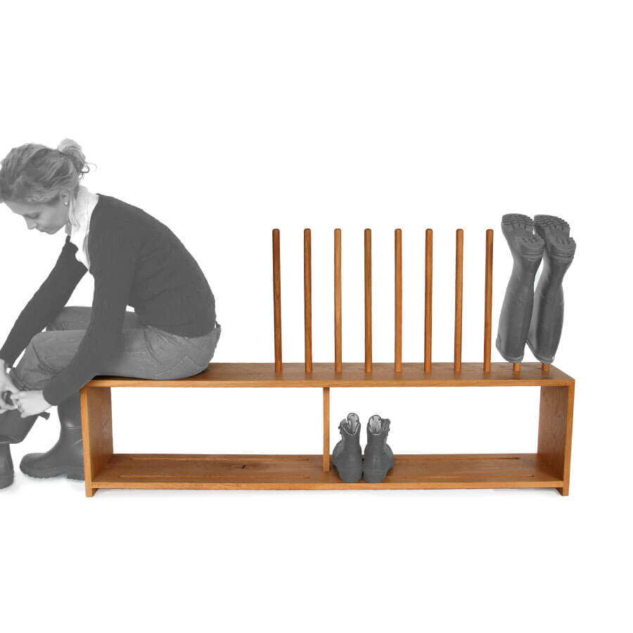 Oak boot and shoe rack with seat for 5 pairs of wellingtons and shoes